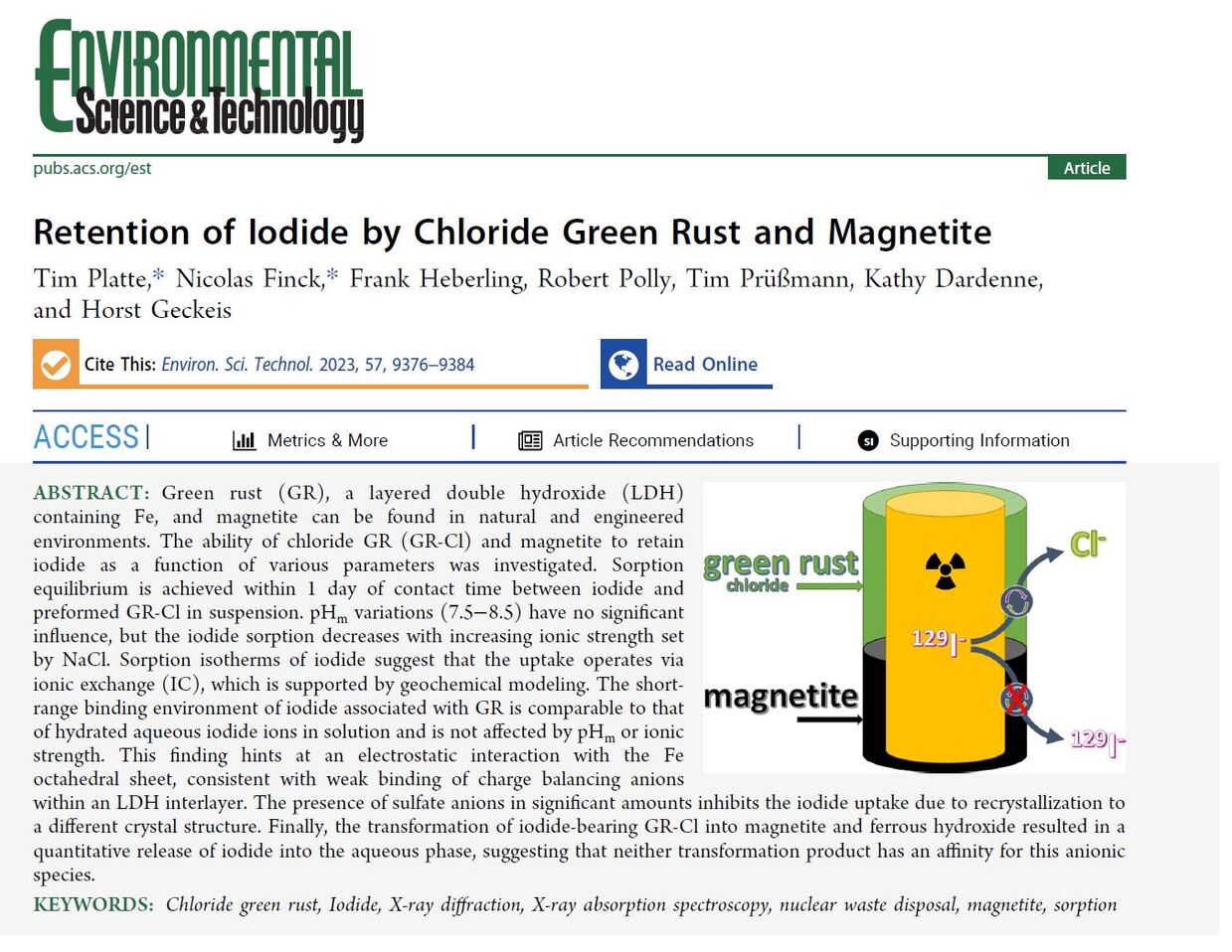 Abstract Retention of Iodide by Chloride Green Rust and Magnetite